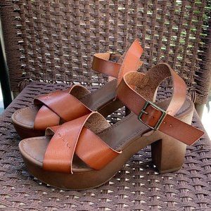 Rusty Brown Leather Strappy Chunky Heel Sandals